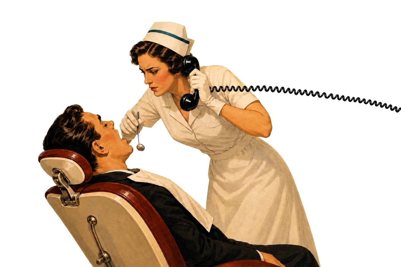 Stomatološka sestra razgovara telefonom dok pregleda pacijenta