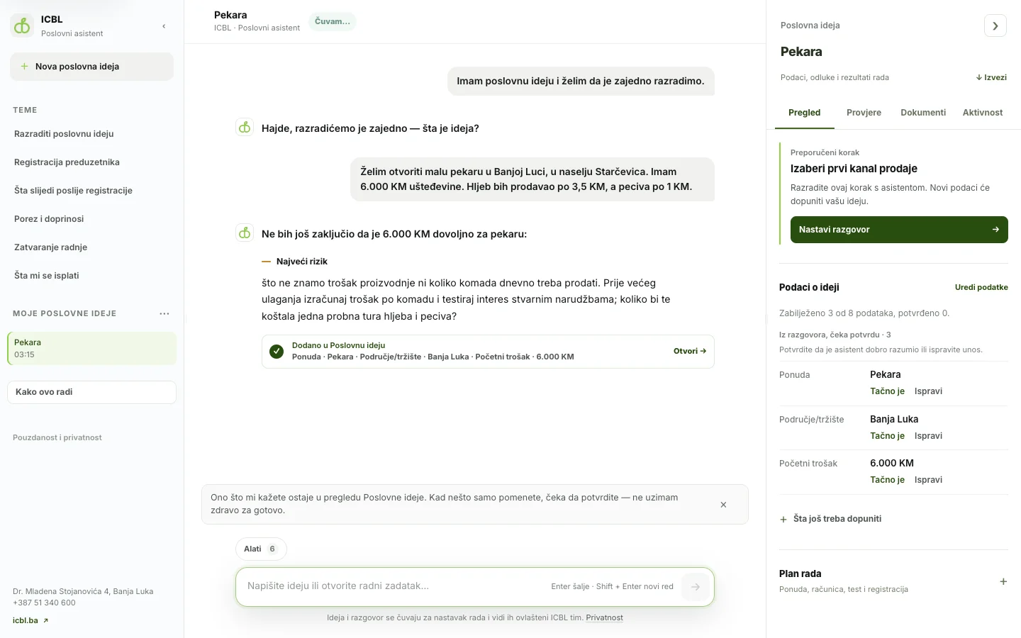 Assistente per le imprese ICBL: conversazione su un'idea di panetteria, con il riepilogo dell'idea imprenditoriale a destra