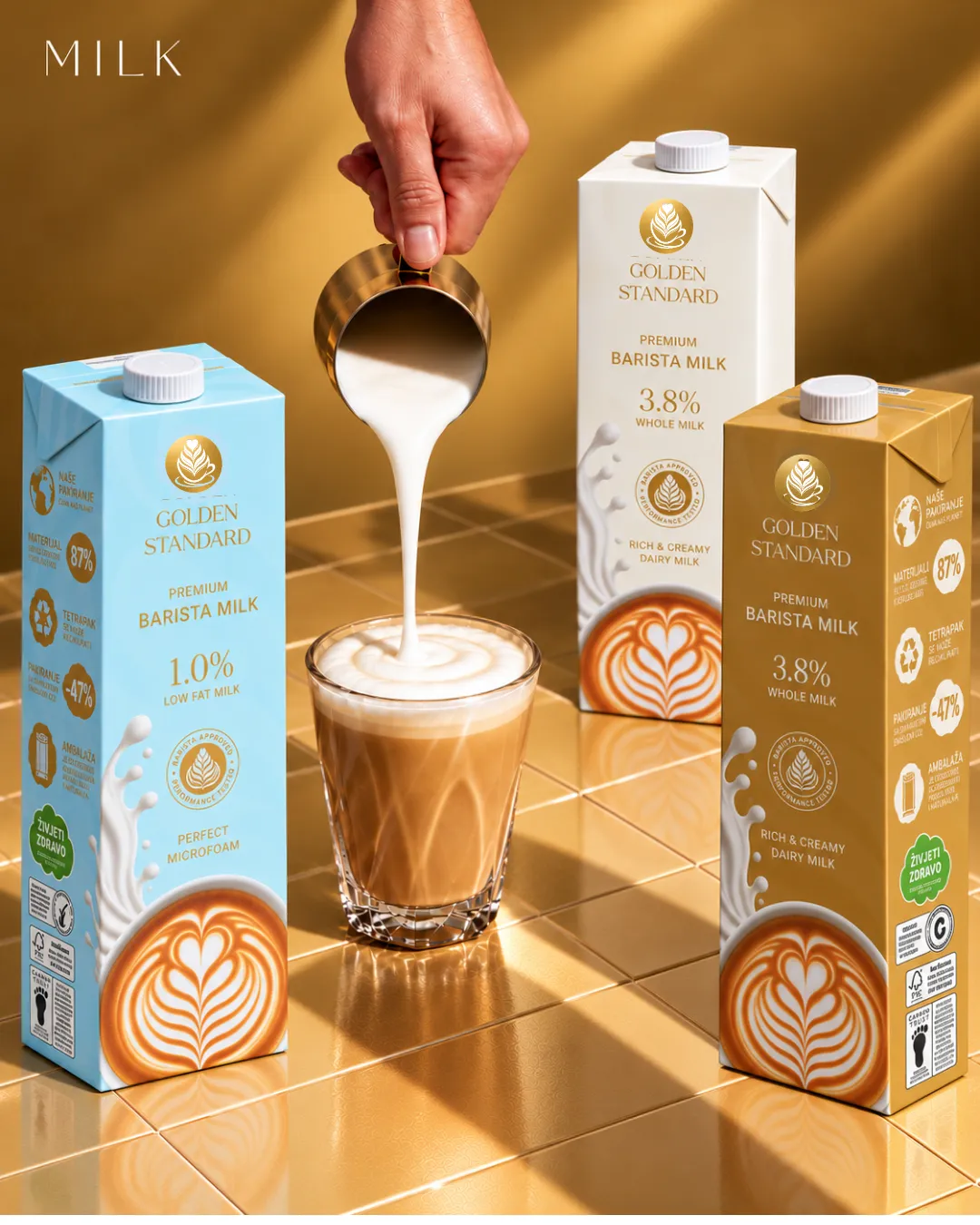 Barista gießt Milch neben Verpackungen von Golden Standard