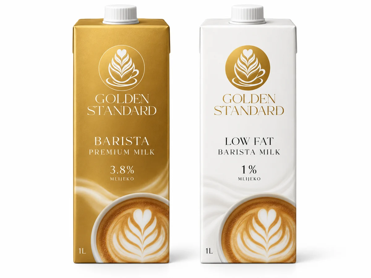 Golden Standard gold and white barista milk packaging