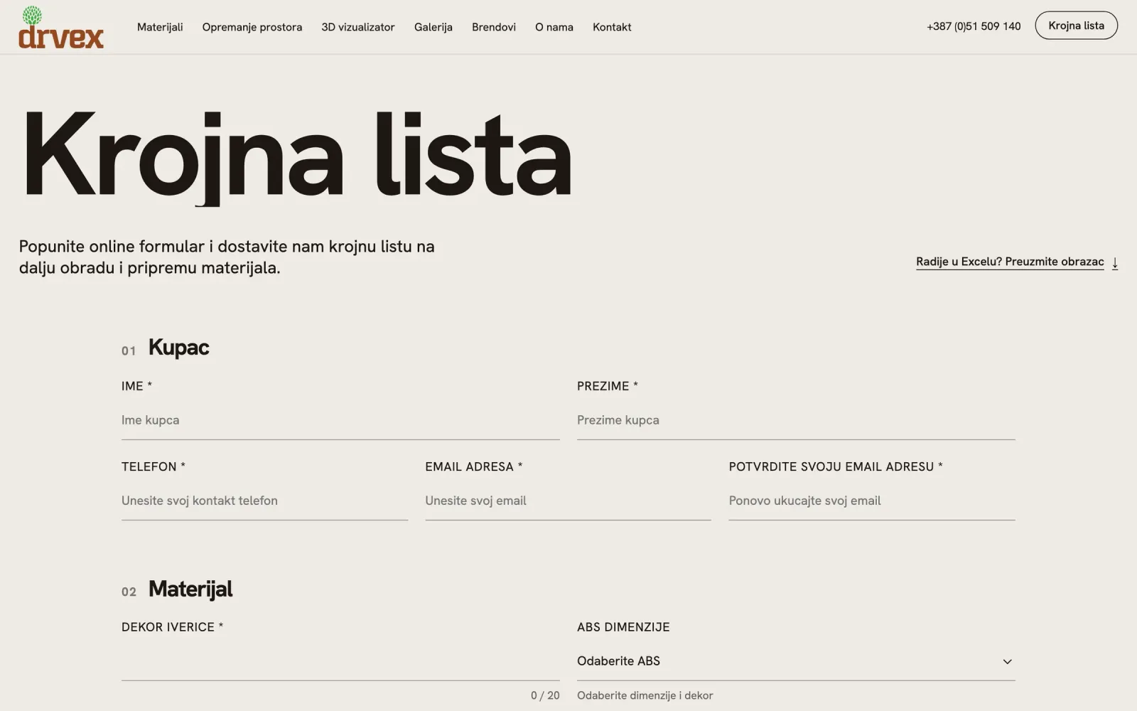 Drvex, online krojna lista sa podacima o kupcu i materijalu
