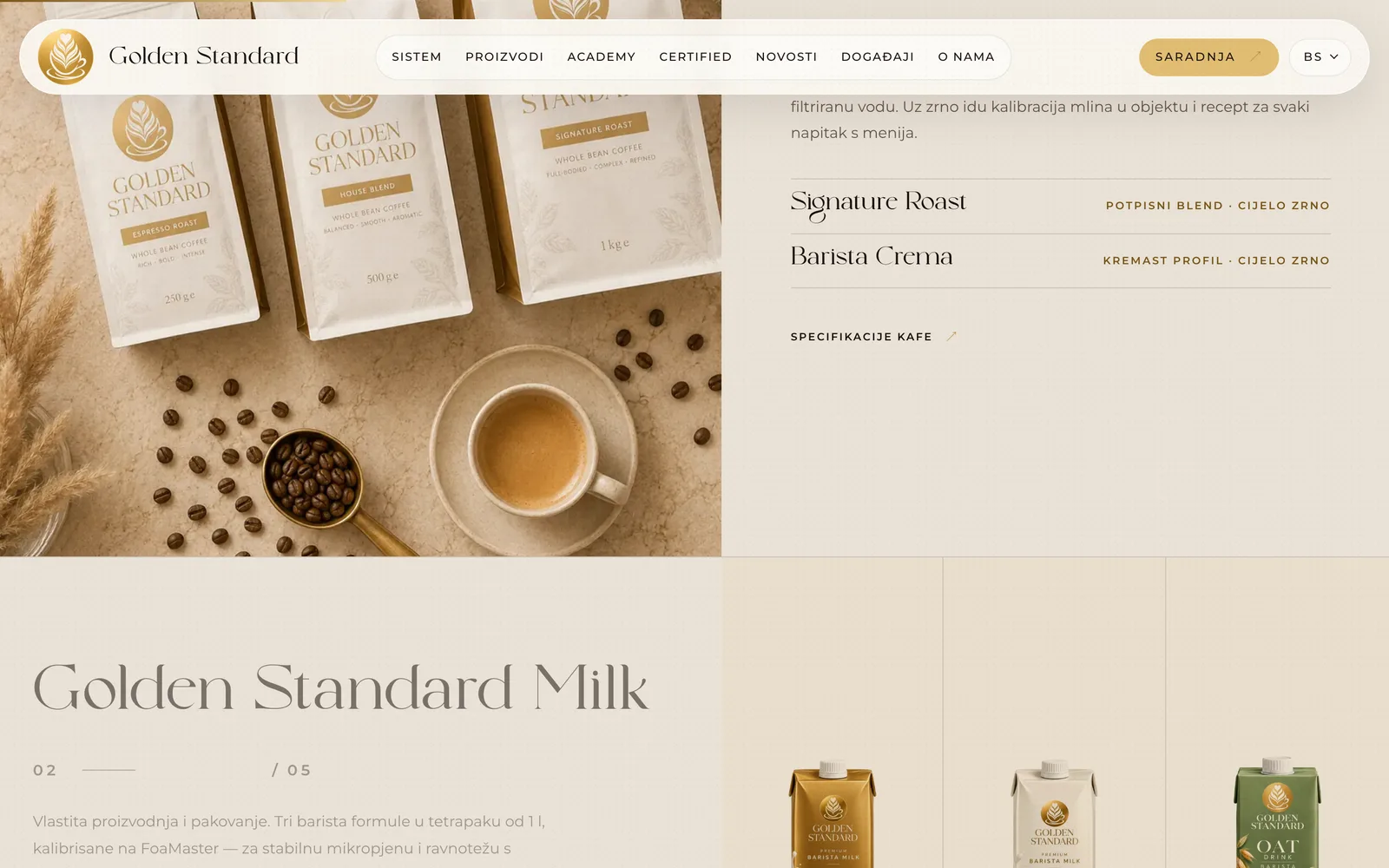 Stranica proizvoda goldenstandard.eu: kafa i barista mlijeko