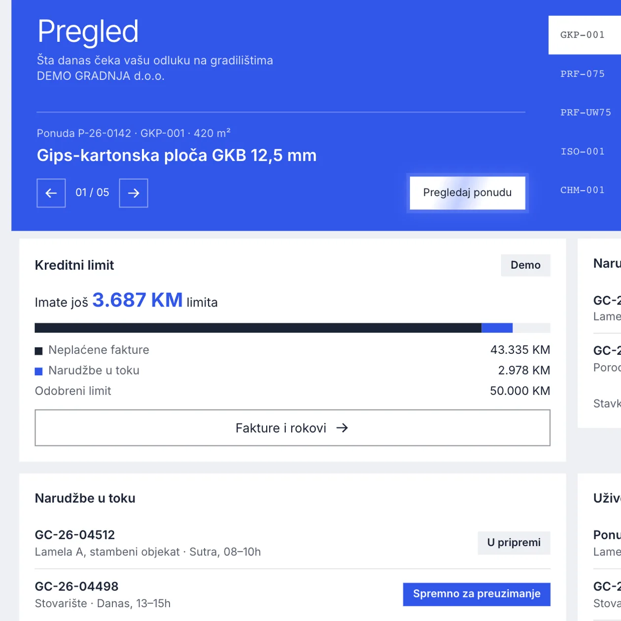 Dettaglio: portale B2B con offerta, fido e ordini in corso, dati demo