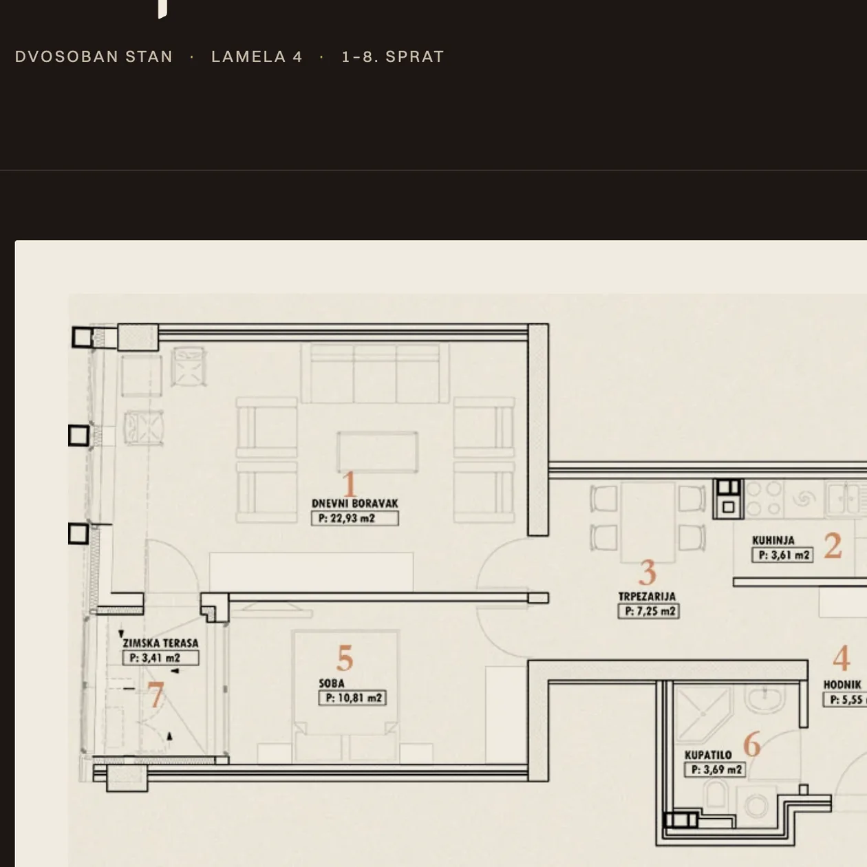Detail: original floor plan of the two-room apartment L4-1 with room areas