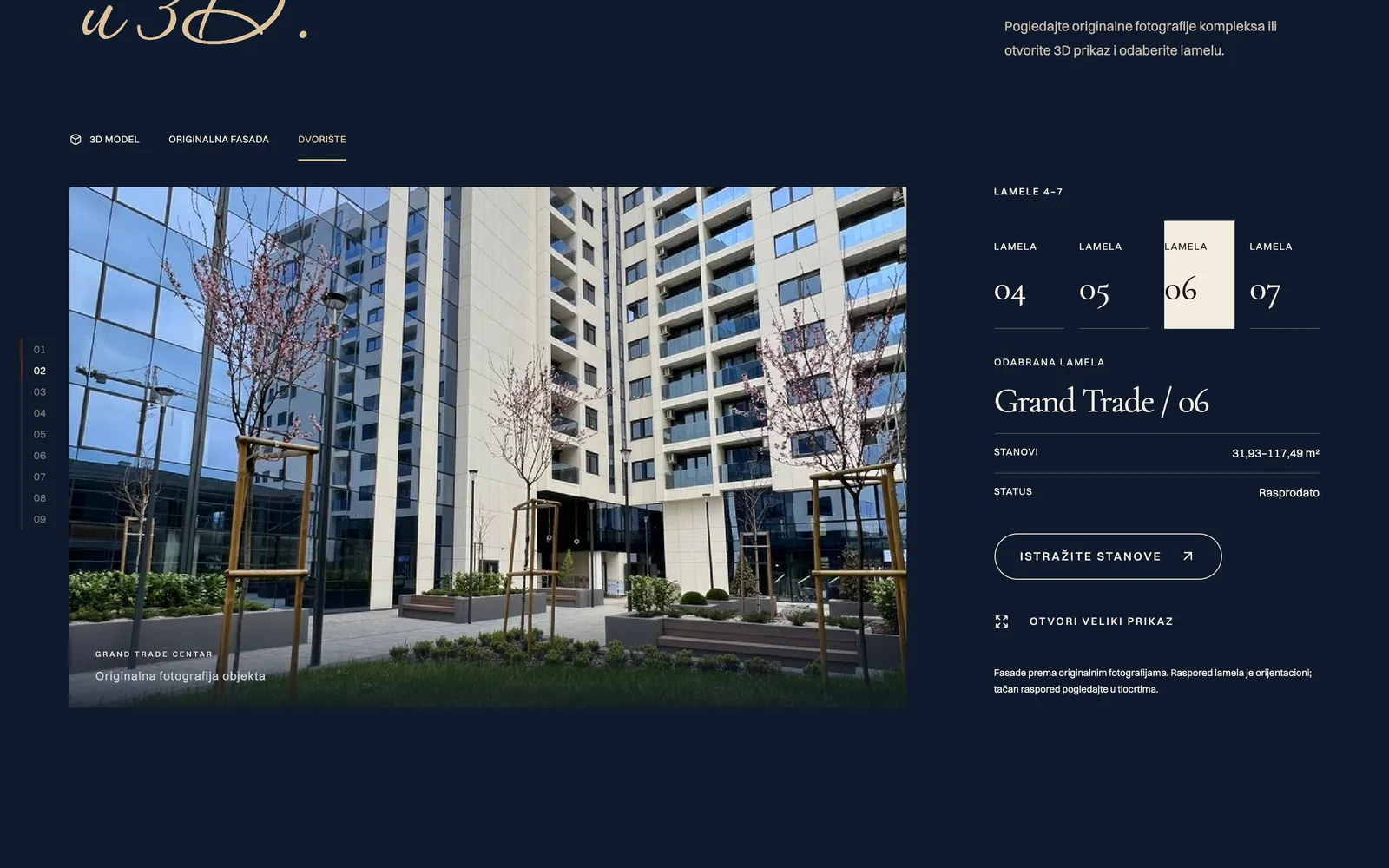 Grand Trade, the complex in 3D: block selection, size range and availability