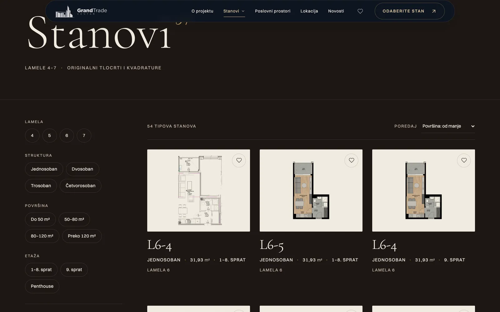 Grand Trade, apartment archive with filters by block, layout, floor area and floor