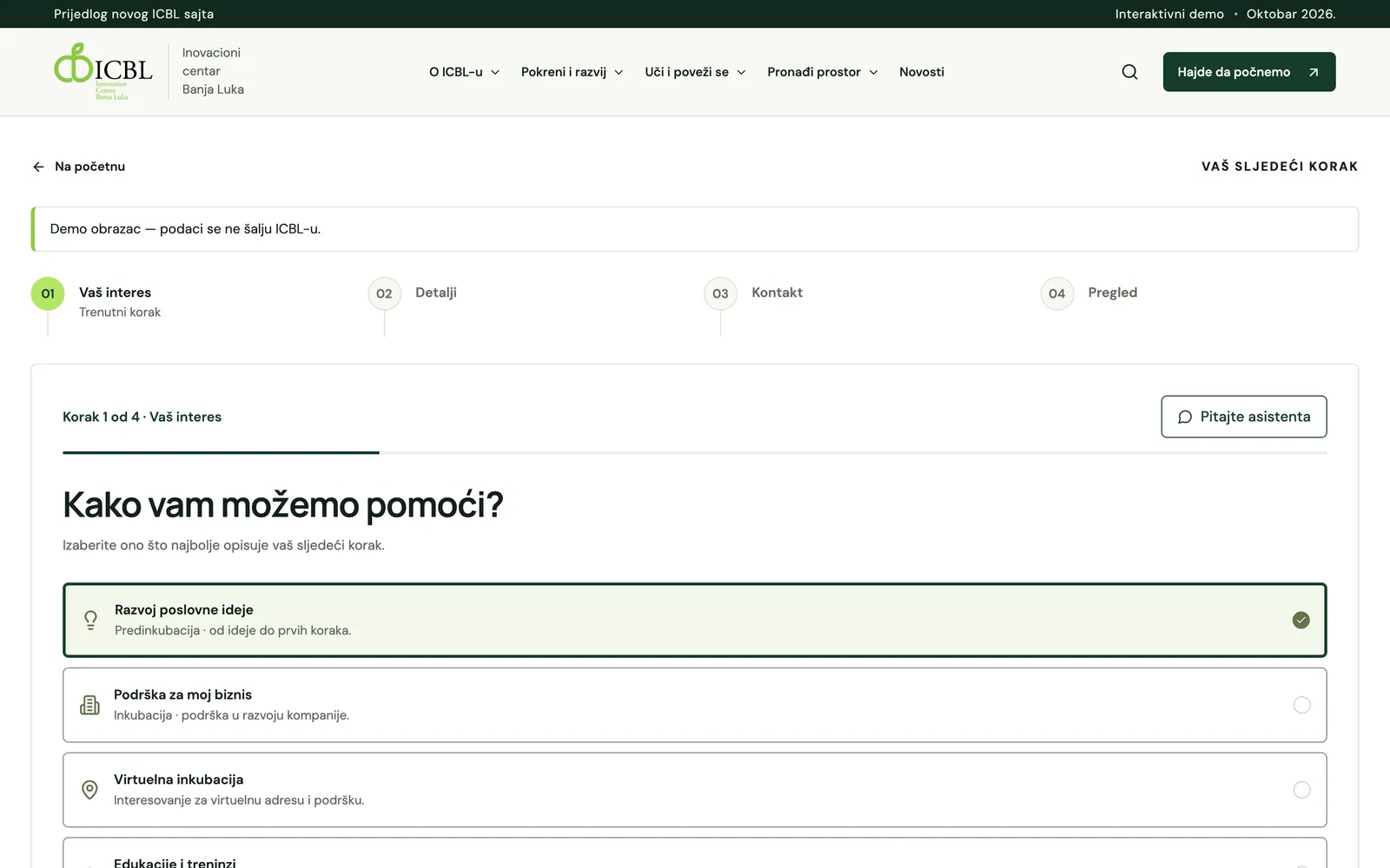 ICBL, candidatura online: scelta degli interessi, dettagli, contatto e riepilogo
