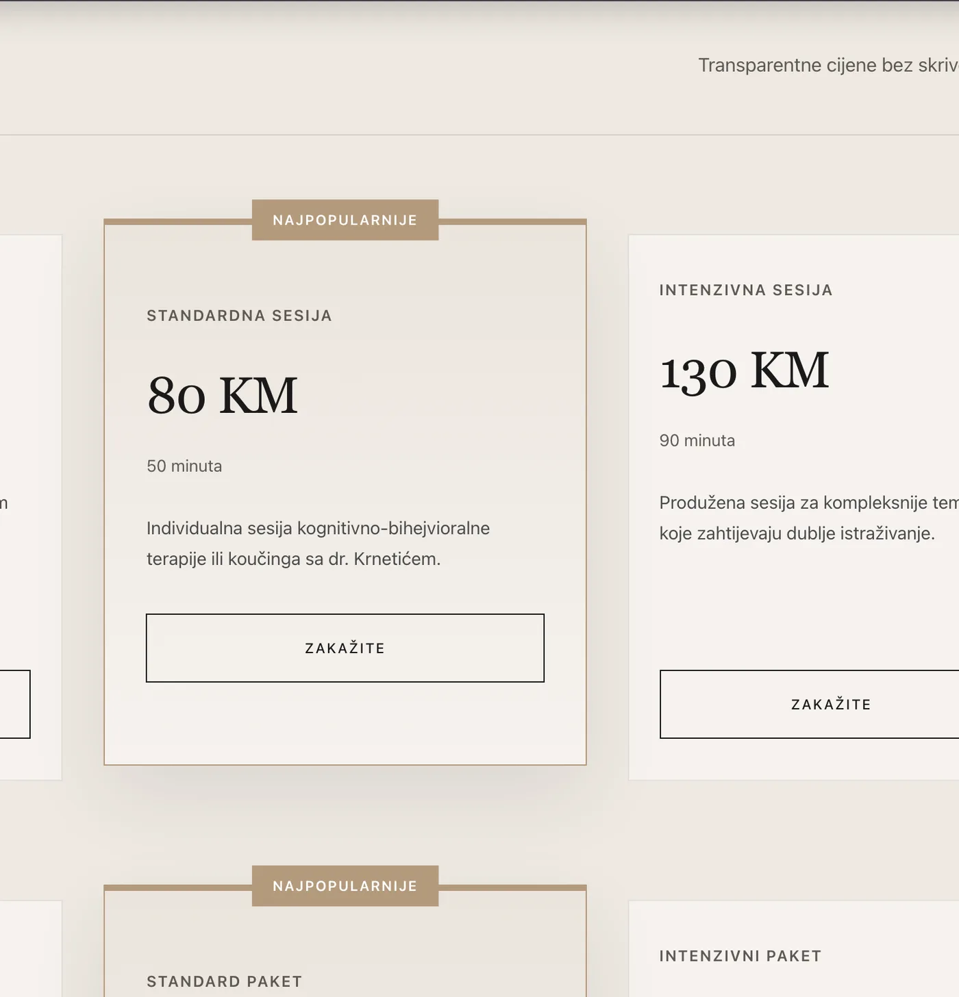 Detalj: cijene sesija sa dugmetom Zakažite