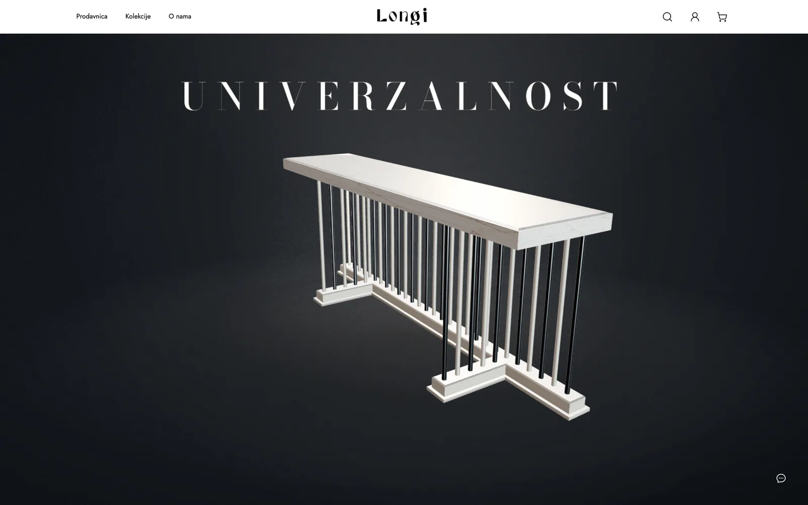 Longi, Startseite: Marmorplatte als Konsole in 3D, unter der Überschrift Vielseitigkeit