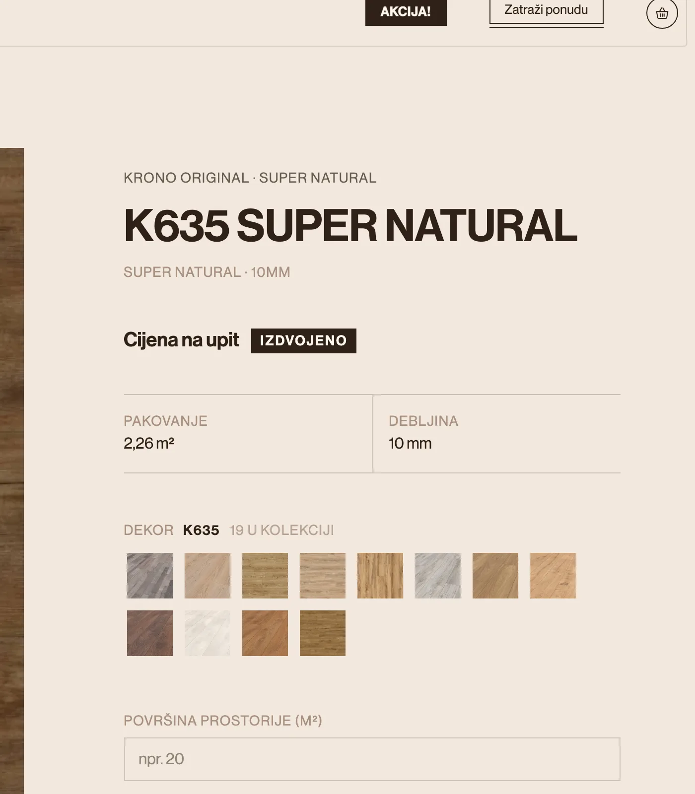 Detalj: artikal K635 Super Natural, pakovanje, debljina i dekori iz iste kolekcije