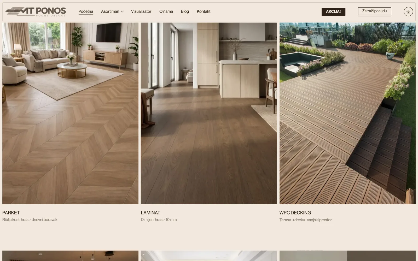 MT Ponos, kategorije parket, laminat i WPC decking prikazane u uređenim prostorima