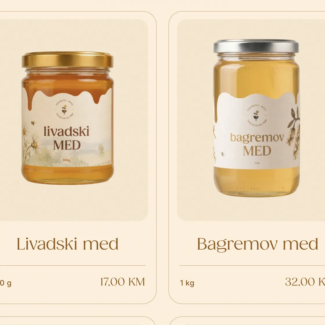 Detalj: etikete livadskog i bagremovog meda u prodavnici