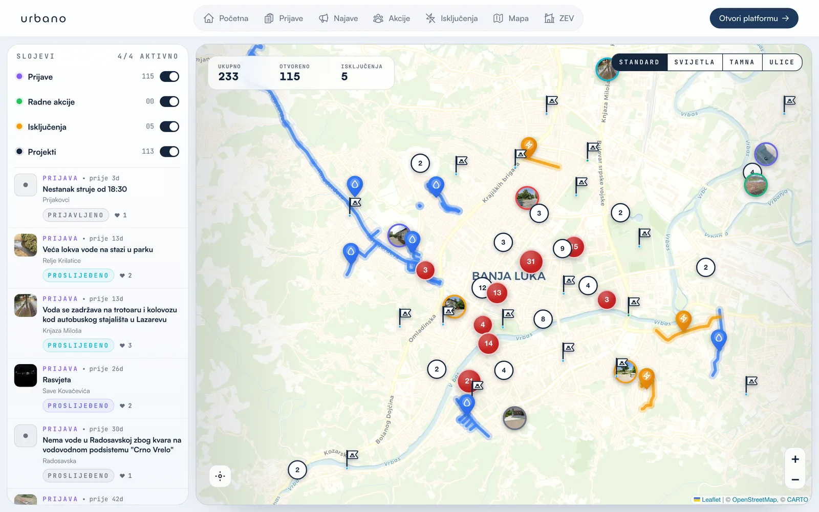 Urbano mapa sa lokacijama gradskih prijava