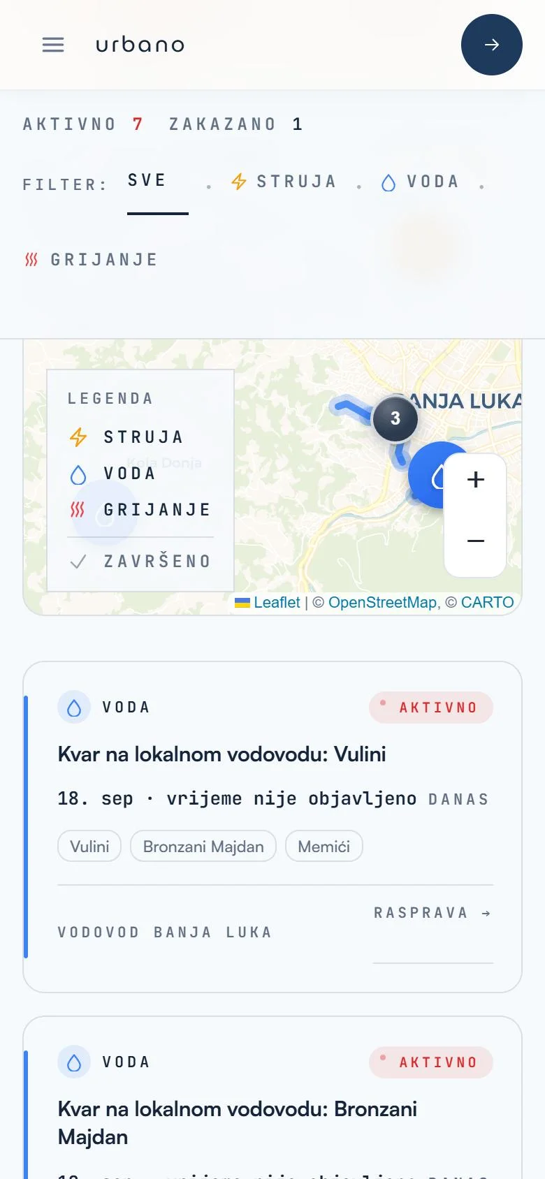 Urbano pregled isključenja struje, vode i grijanja