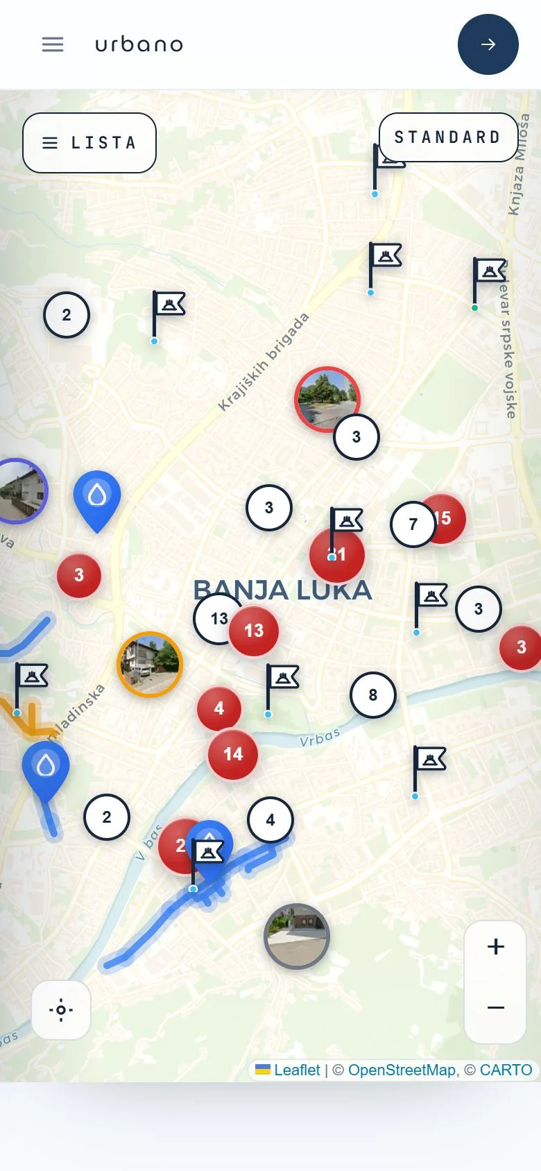 Urbano mapa Banje Luke sa oznakama prijava