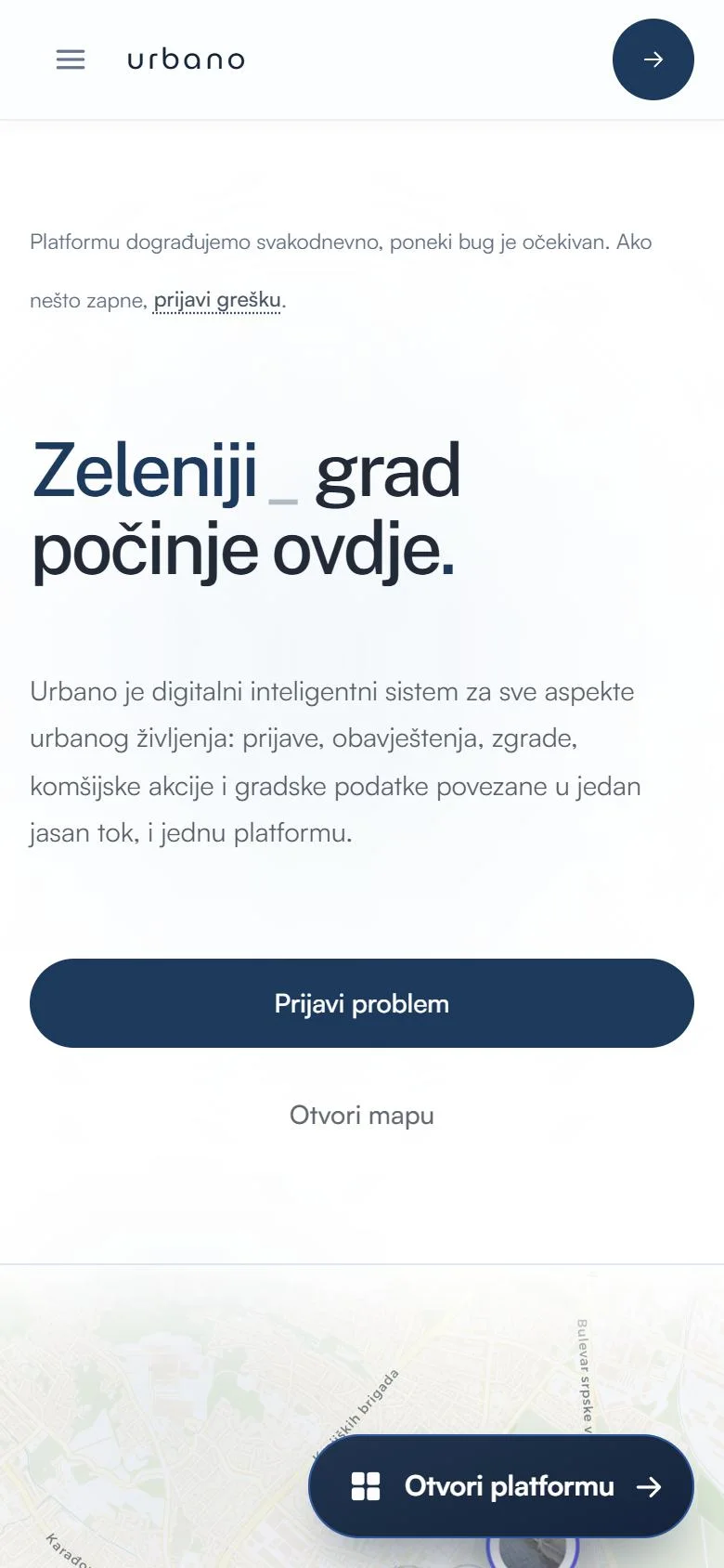 Urbano početni ekran sa prijavom problema i otvaranjem mape