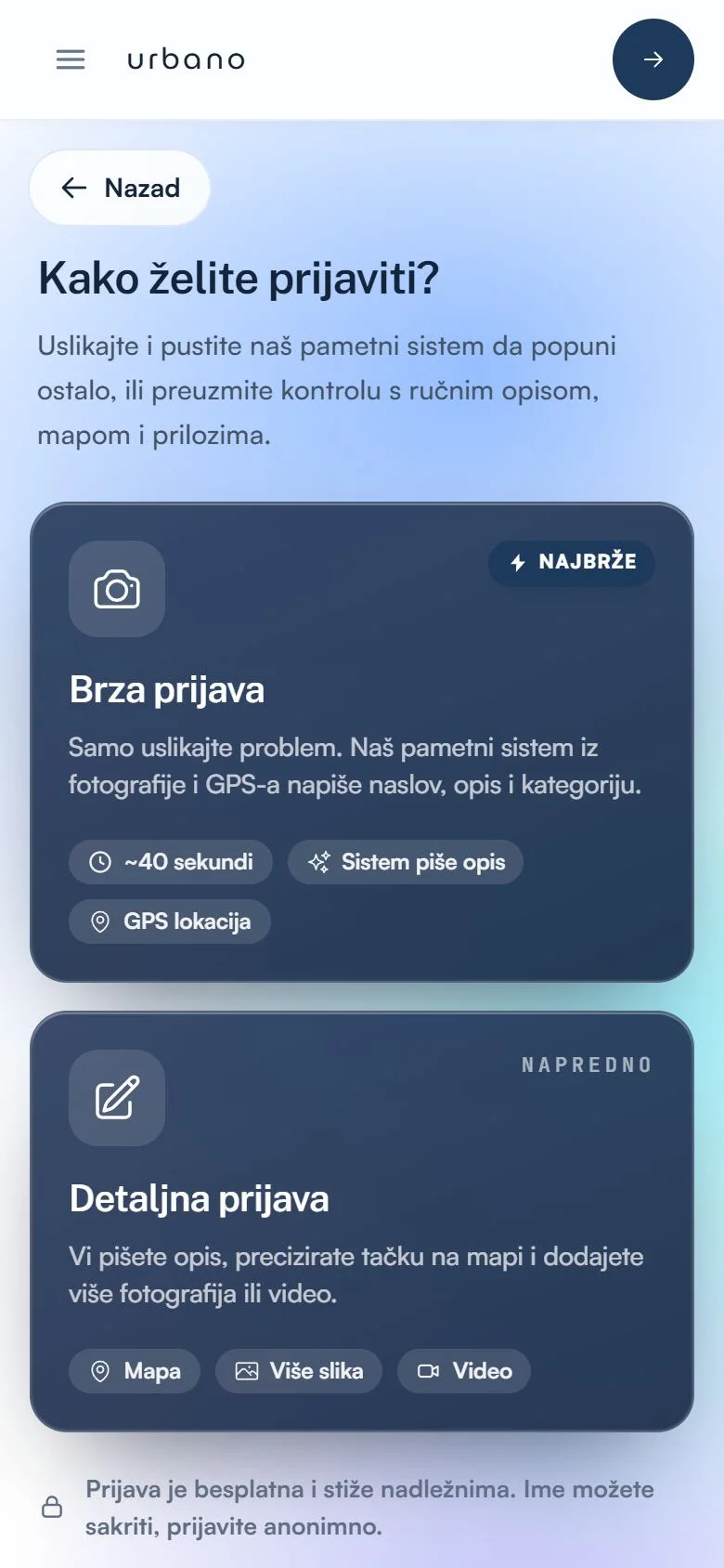 Urbano ekran za novu prijavu, brza i detaljna prijava