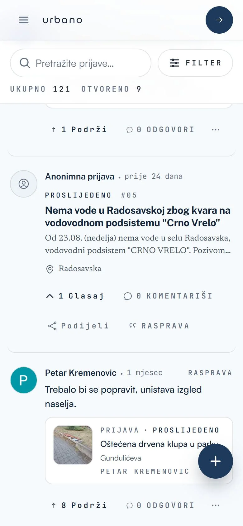 Urbano lista prijava građana sa filterom